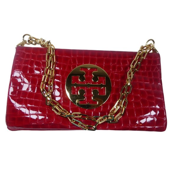 Tory Burch Women's Red Croc Embossed Leather Clutch - Picture 1 of 7